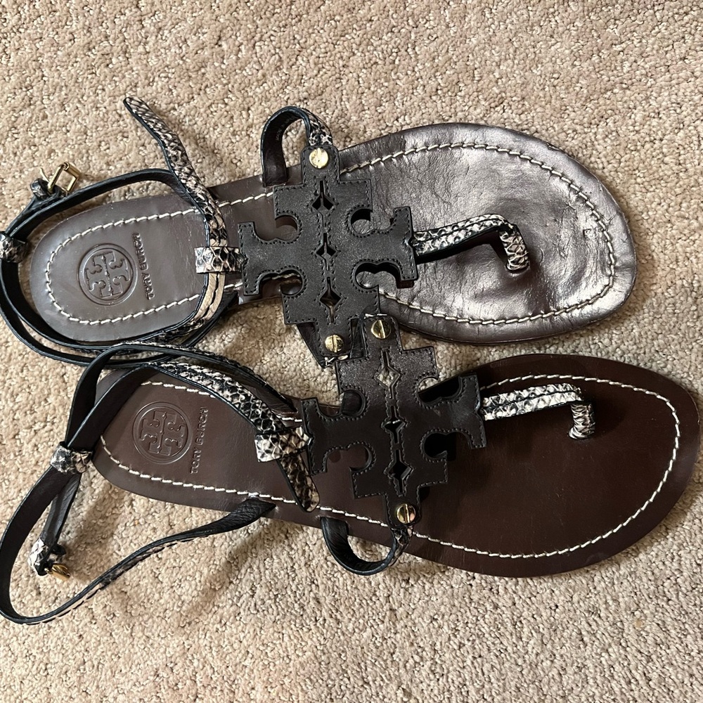 Tory Burch Brown snake skin wrap around ankle Sandals